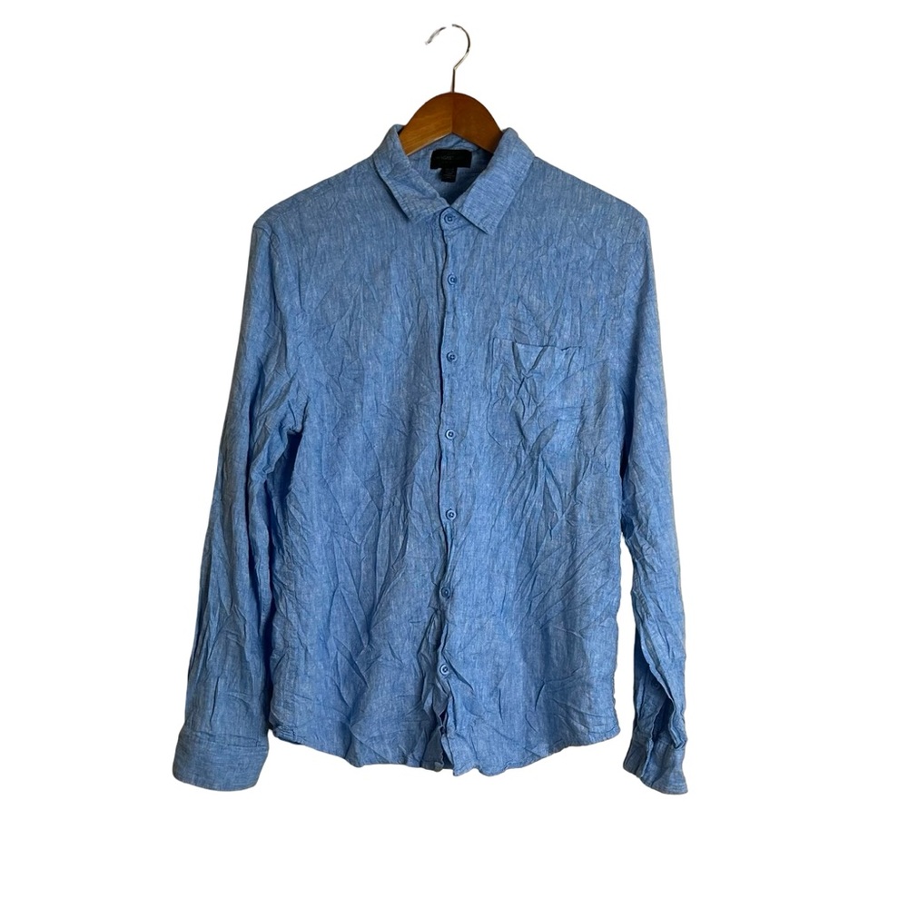 Magaschoni Man blue linen blend button down‎ shirt